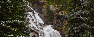 Preview wallpaper waterfall, stones, rock, trees, snow