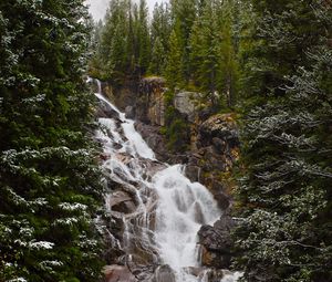 Preview wallpaper waterfall, stones, rock, trees, snow