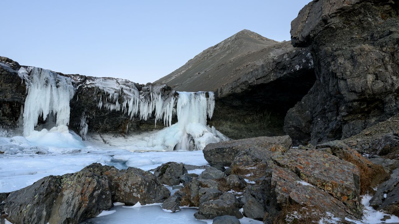 Wallpaper waterfall, stones, rock, ice, landscape