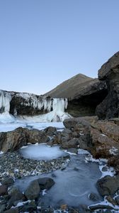 Preview wallpaper waterfall, stones, rock, ice, landscape