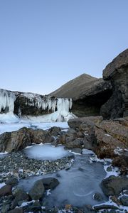 Preview wallpaper waterfall, stones, rock, ice, landscape