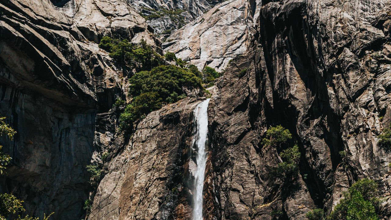 Wallpaper waterfall, stones, rocks, branches, cliff