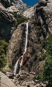 Preview wallpaper waterfall, stones, rocks, branches, cliff