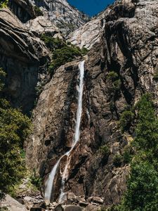 Preview wallpaper waterfall, stones, rocks, branches, cliff