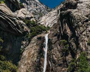 Preview wallpaper waterfall, stones, rocks, branches, cliff