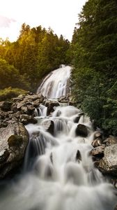 Preview wallpaper waterfall, stones, rocks, stream, water, trees