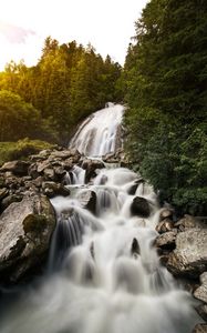 Preview wallpaper waterfall, stones, rocks, stream, water, trees