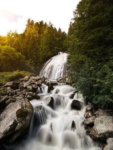 Preview wallpaper waterfall, stones, rocks, stream, water, trees