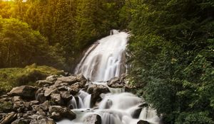 Preview wallpaper waterfall, stones, rocks, stream, water, trees