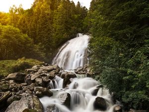 Preview wallpaper waterfall, stones, rocks, stream, water, trees