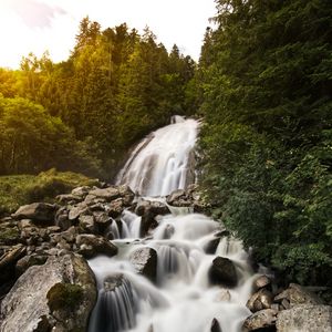 Preview wallpaper waterfall, stones, rocks, stream, water, trees
