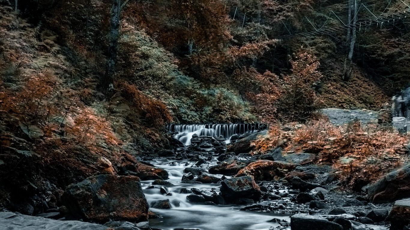 Download wallpaper 1366x768 waterfall, stones, rocks, stream, trees