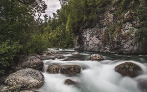 Preview wallpaper waterfall, stones, rocks, trees