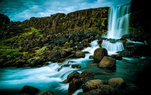 Preview wallpaper waterfall, stones, rocks, grass, nature