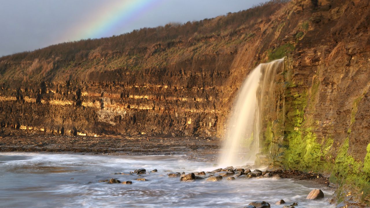 Wallpaper waterfall, stones, sea, cliffs, rainbow, nature