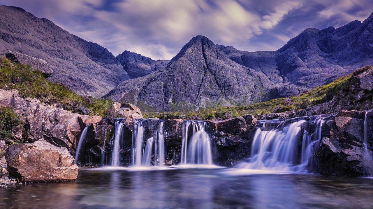 Wallpaper waterfall, stones, skye, united kingdom