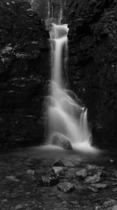 Preview wallpaper waterfall, stones, splashes, dark, black and white