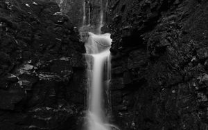 Preview wallpaper waterfall, stones, splashes, dark, black and white