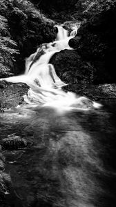 Preview wallpaper waterfall, stones, splashes, black and white, nature