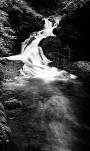 Preview wallpaper waterfall, stones, splashes, black and white, nature