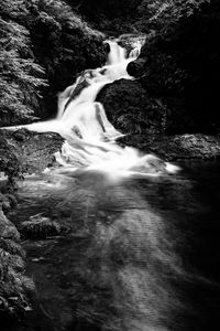 Preview wallpaper waterfall, stones, splashes, black and white, nature