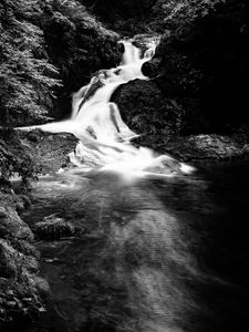 Preview wallpaper waterfall, stones, splashes, black and white, nature