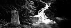 Preview wallpaper waterfall, stones, splashes, black and white, nature