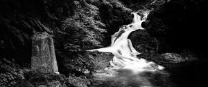 Preview wallpaper waterfall, stones, splashes, black and white, nature