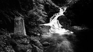 Preview wallpaper waterfall, stones, splashes, black and white, nature