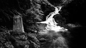 Preview wallpaper waterfall, stones, splashes, black and white, nature