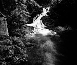 Preview wallpaper waterfall, stones, splashes, black and white, nature