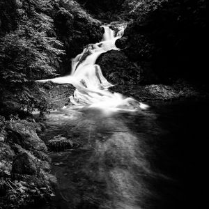 Preview wallpaper waterfall, stones, splashes, black and white, nature