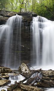 Preview wallpaper waterfall, stones, spray, logs, nature