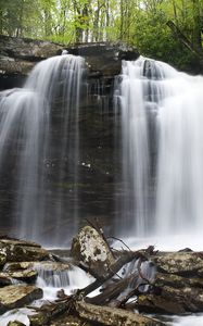 Preview wallpaper waterfall, stones, spray, logs, nature