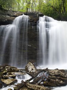 Preview wallpaper waterfall, stones, spray, logs, nature