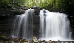 Preview wallpaper waterfall, stones, spray, logs, nature