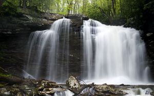 Preview wallpaper waterfall, stones, spray, logs, nature