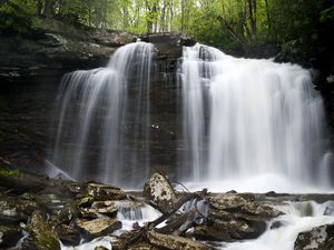 Preview wallpaper waterfall, stones, spray, logs, nature