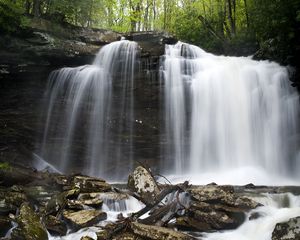 Preview wallpaper waterfall, stones, spray, logs, nature
