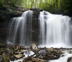 Preview wallpaper waterfall, stones, spray, logs, nature