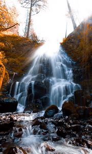 Preview wallpaper waterfall, stones, spray, wildlife, stream, moss