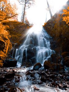 Preview wallpaper waterfall, stones, spray, wildlife, stream, moss