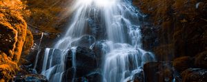 Preview wallpaper waterfall, stones, spray, wildlife, stream, moss