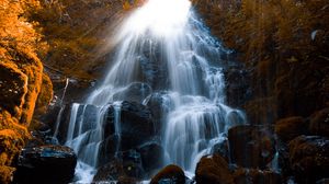 Preview wallpaper waterfall, stones, spray, wildlife, stream, moss