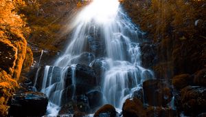 Preview wallpaper waterfall, stones, spray, wildlife, stream, moss