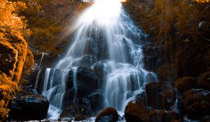 Preview wallpaper waterfall, stones, spray, wildlife, stream, moss