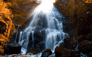 Preview wallpaper waterfall, stones, spray, wildlife, stream, moss