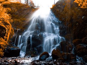 Preview wallpaper waterfall, stones, spray, wildlife, stream, moss