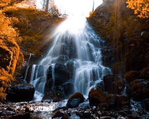 Preview wallpaper waterfall, stones, spray, wildlife, stream, moss