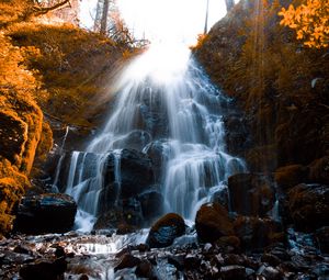 Preview wallpaper waterfall, stones, spray, wildlife, stream, moss